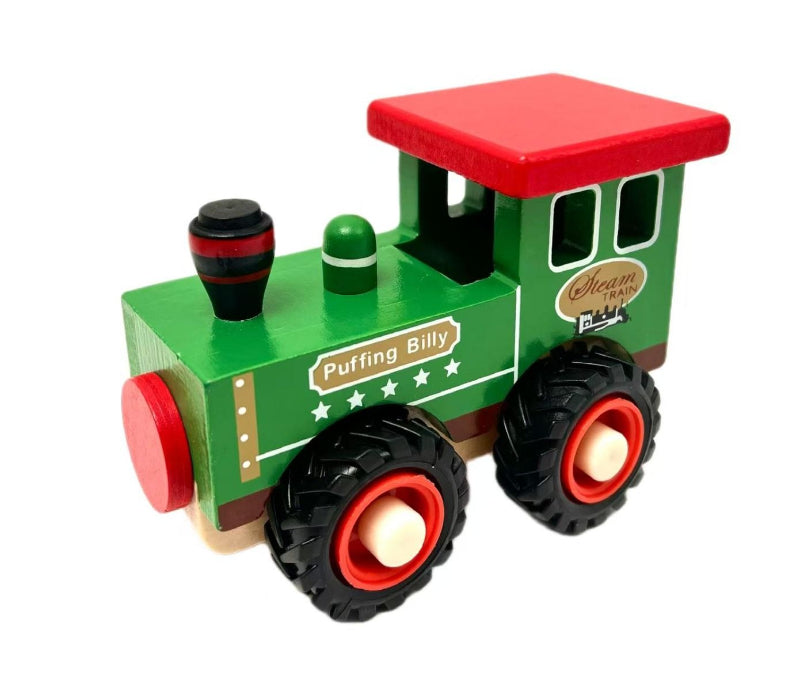 Wooden toy train engine with red roof and wheels on a white background