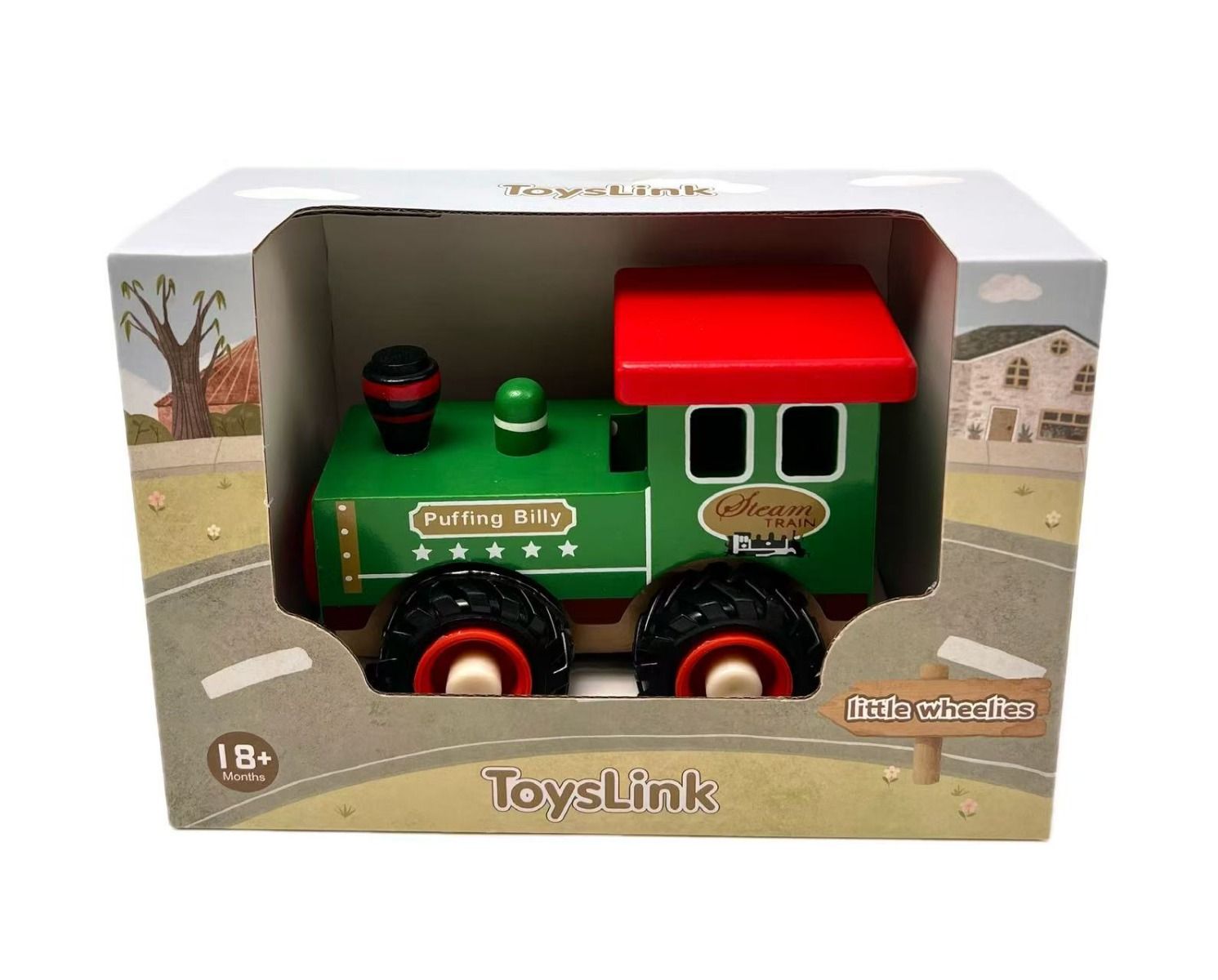 Toy train in a 'ToysLink' packaging with a scenic background