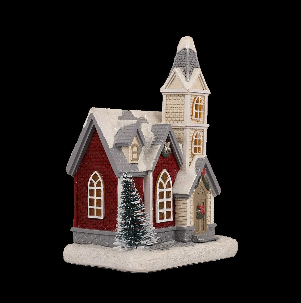 Resin Light-Up Christmas Village House with Church