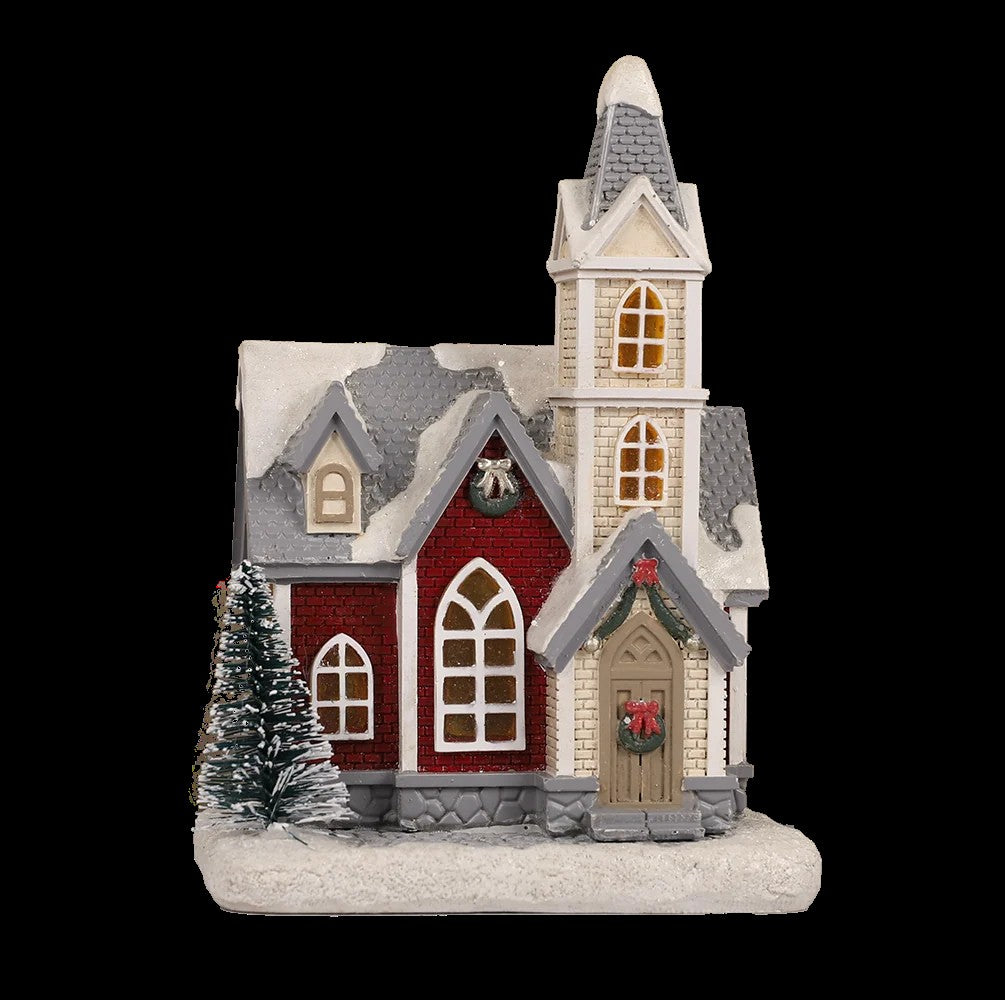 Resin Light-Up Christmas Village House with Church