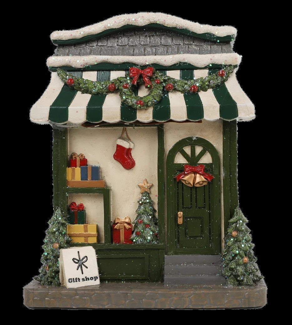 Resin Light-Up Christmas Village House with Gift Store