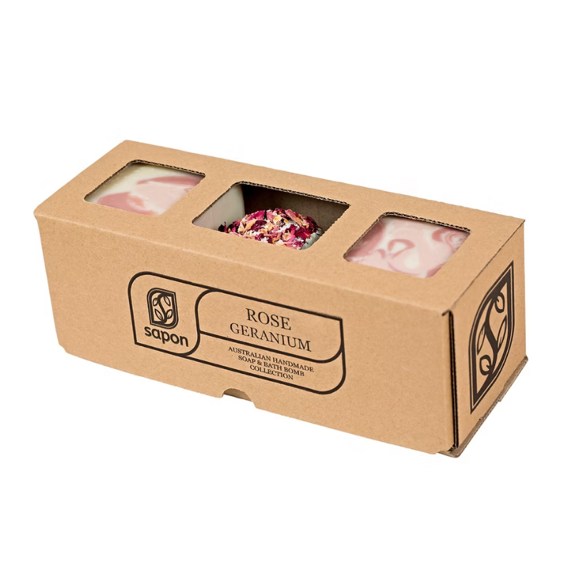Rosey Geranium Floral Indulgence Set - 2 Soap & 1 Bath Bomb Gift Box