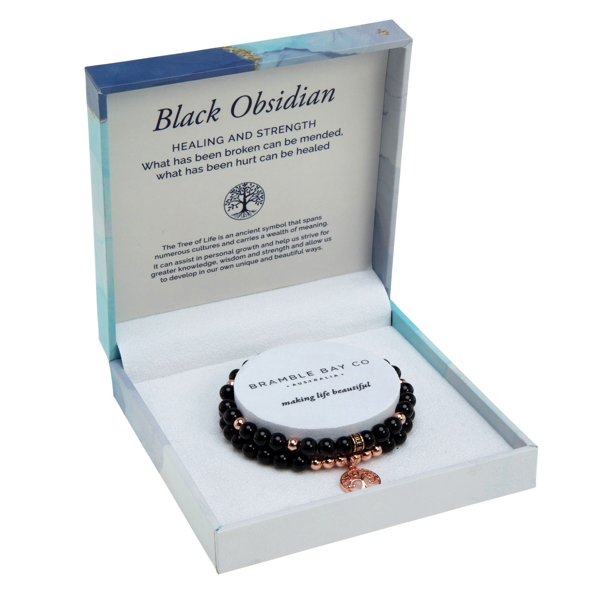 Black Obsidian Tree of Life Duo Bracelet Set (Rose Gold)
