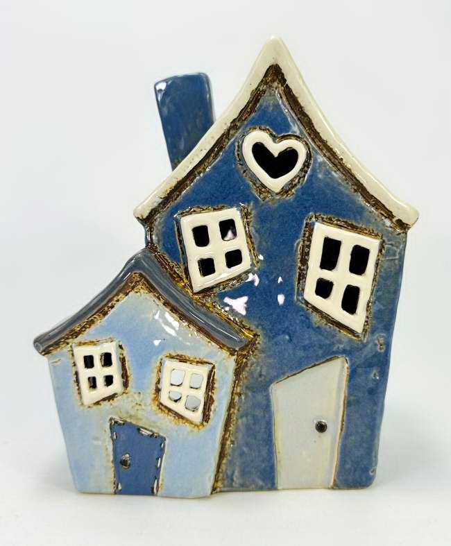 Blue Cottage Tealight Holder – Ceramic Candle Lantern