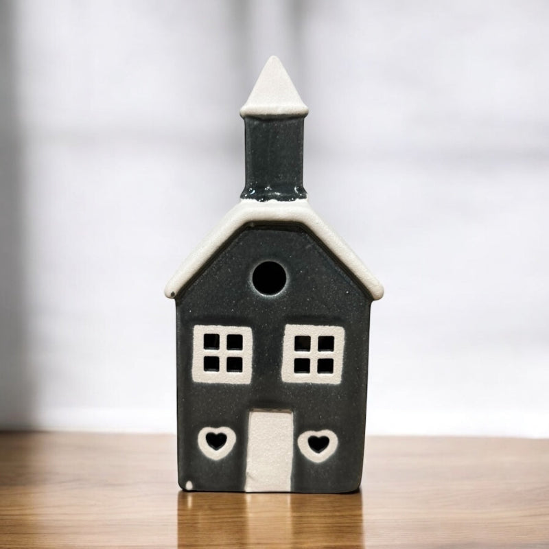 Grey Ceramic Church Tealight Holder – Vintage Candle Lantern