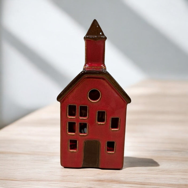 Handcrafted Red Ceramic Church Tealight Holder – Vintage-Style Candle Lantern (21cm)