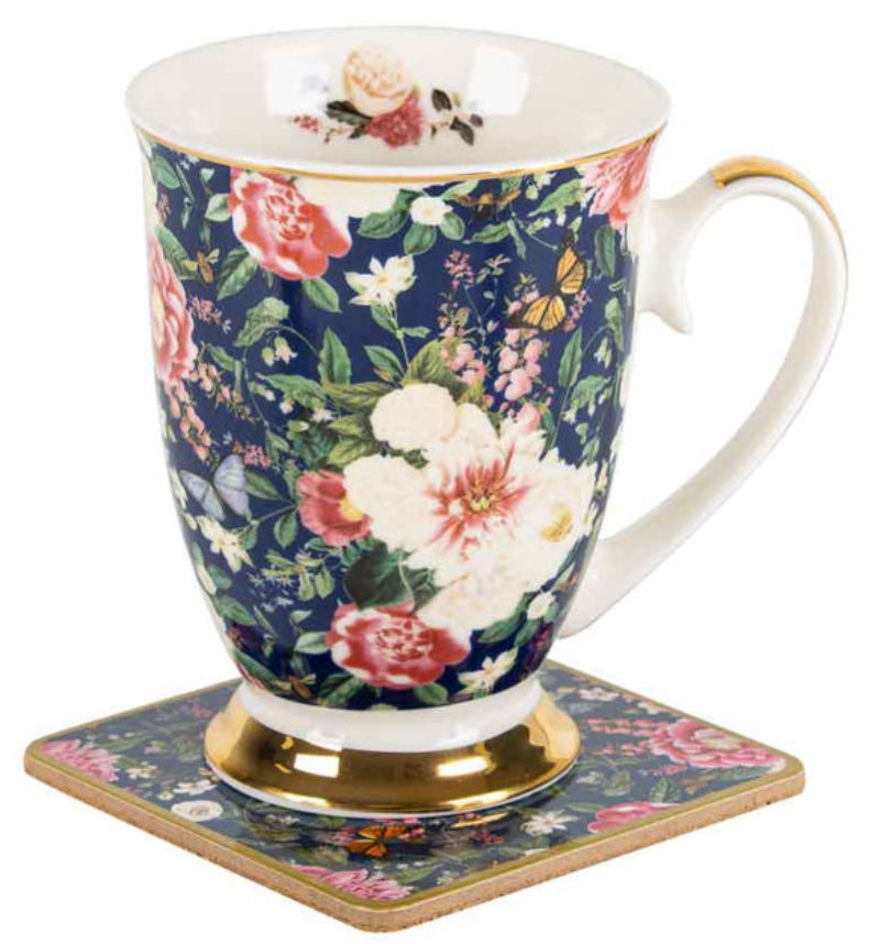 Floral Garden Navy Mug & Coaster Set – Elegant Ceramic 360 mL Coffee/Tea Cup