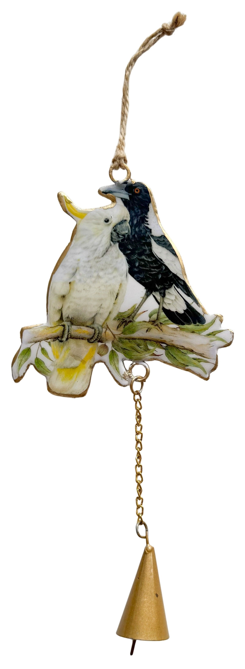 Decorative bird ornament with a bell on a white background