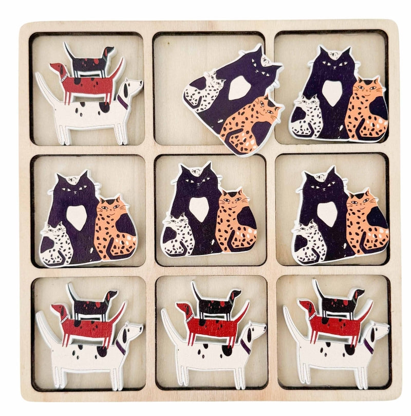 Cat & Dog Tic Tac Toe Set – Black & Brown Wooden Tabletop Game