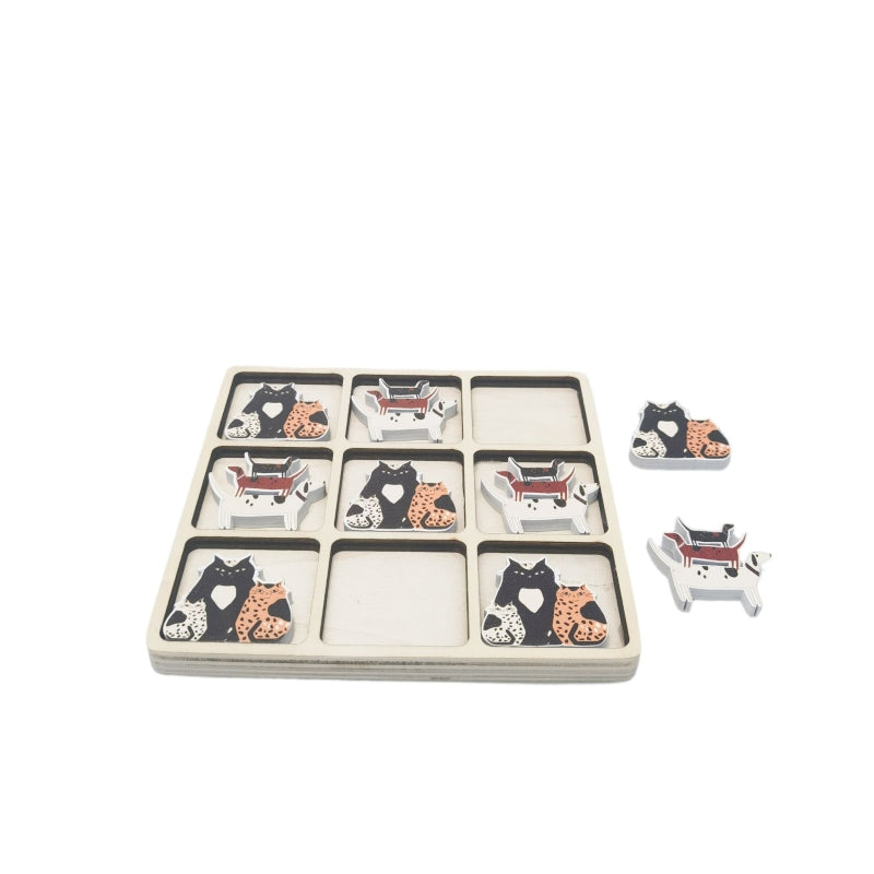 Cat & Dog Tic Tac Toe Set – Black & Brown Wooden Tabletop Game