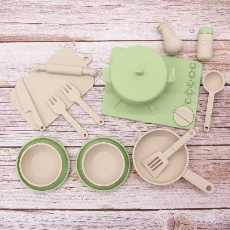 Green Silicone Pretend-Play Cookware Set – Kids’ Mini Chef Kitchen Accessories