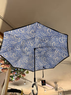 William Morris Blue & White Larkspur Reversible Umbrella | Windproof C-Handle Inverted Umbrella
