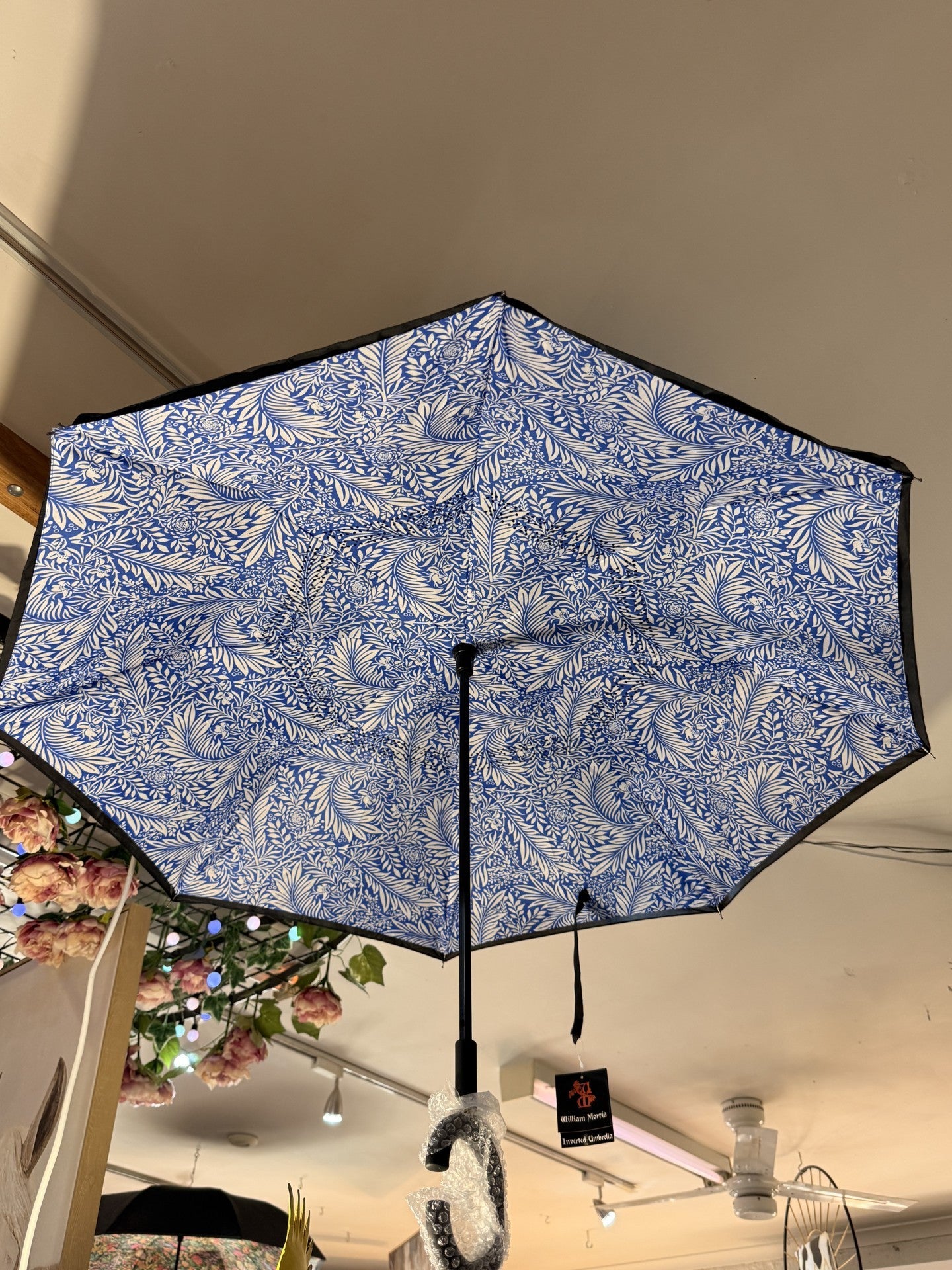 William Morris Blue & White Larkspur Reversible Umbrella | Windproof C-Handle Inverted Umbrella