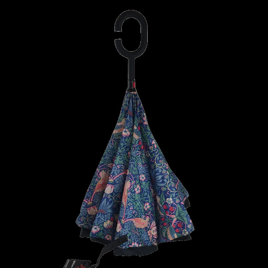 William Morris “Strawberry Thief” Blue Umbrella — Folding Inverted Style with C-Handle