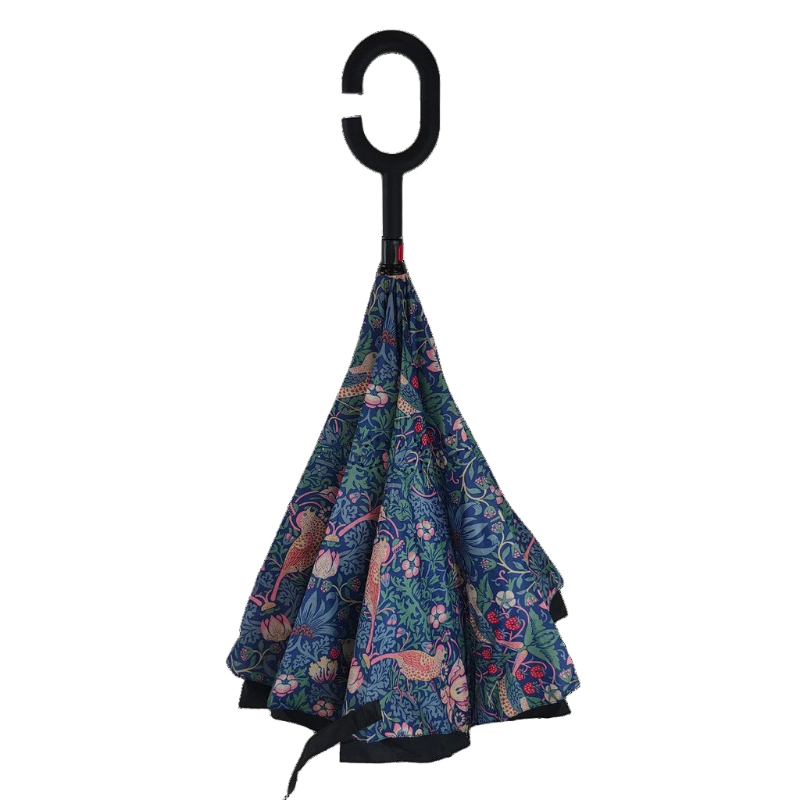 William Morris “Strawberry Thief” Blue Umbrella — Folding Inverted Style with C-Handle