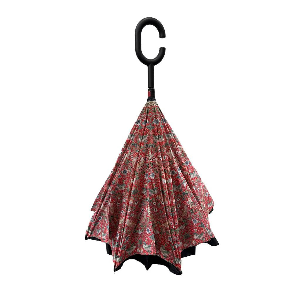 William Morris Inverted “Strawberry Thief” Umbrella — Red & Floral Pattern, Classic Full-Size C handle