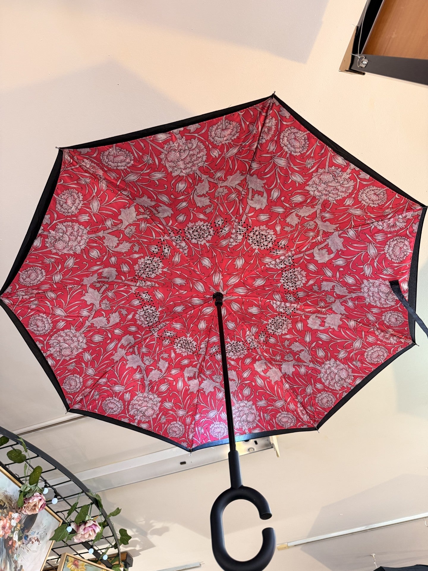 William Morris Wild Tulip Pink & White Floral Reversible Umbrella C-Handle Umbrella