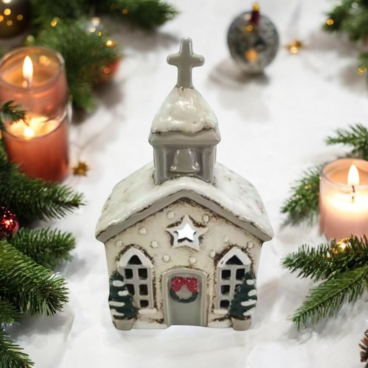 Ceramic Christmas Church Tealight Holder – Christmas Decoration