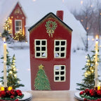 Ceramic Christmas House Tree & Wreath RED – Tealight Holder