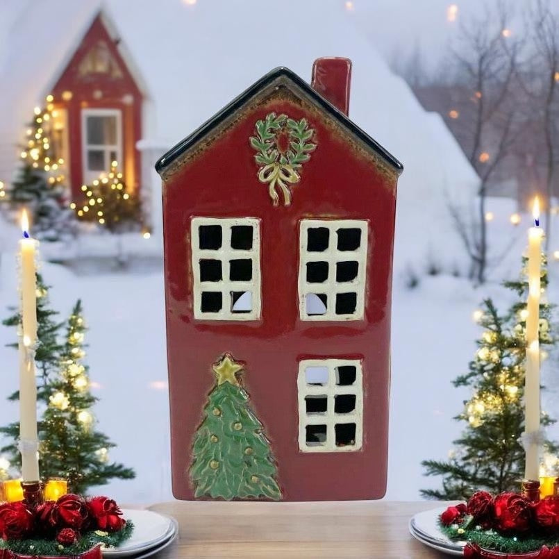 Ceramic Christmas House Tree & Wreath RED – Tealight Holder