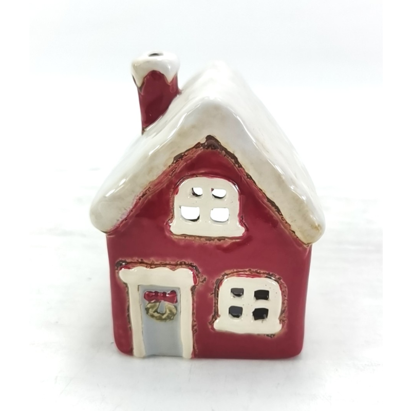 Xmas Red Cottage Tealight Holder – Ceramic Holiday Lantern