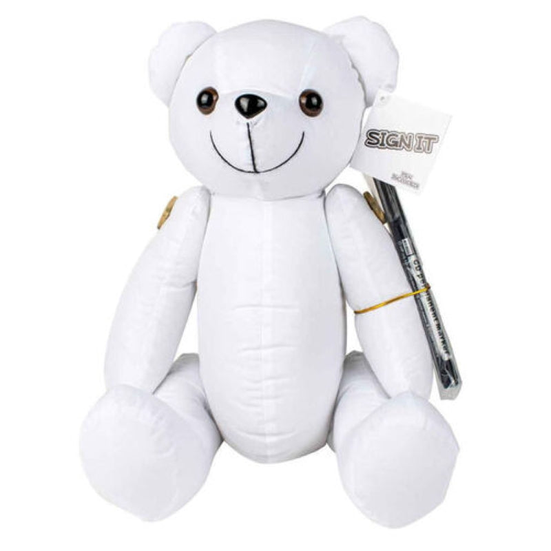White teddy bear plush toy with a pen attached, on a white background