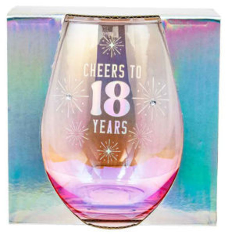 Stemless wine glass with 'Cheers to 18 Years' text on a colorful background